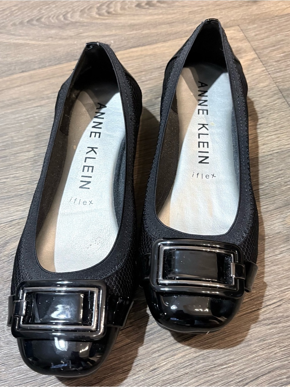 Anne Klein Black Patent Buckle Round-Toe Ballet Flats